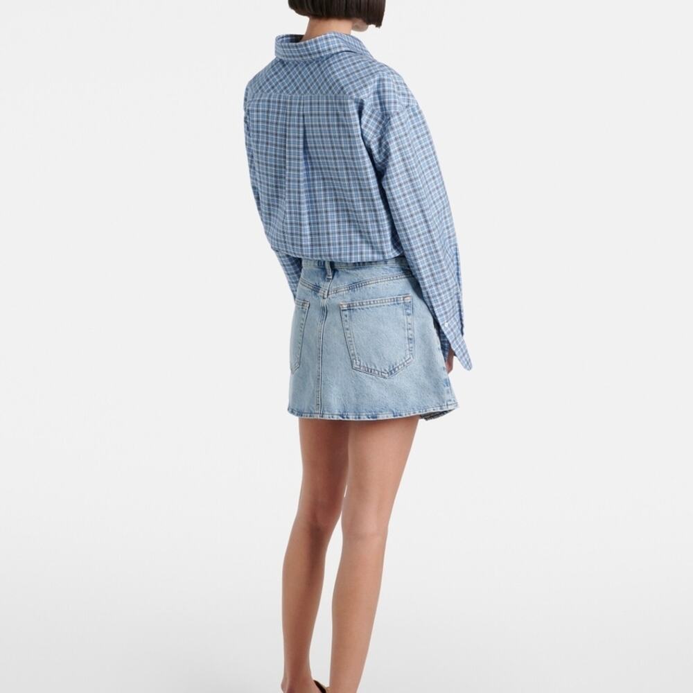 FRAME The Pleated Denim Mini Skirt in Outlaw Blue High End Luxury Jean Skirt 26 - Picture 4 of 16